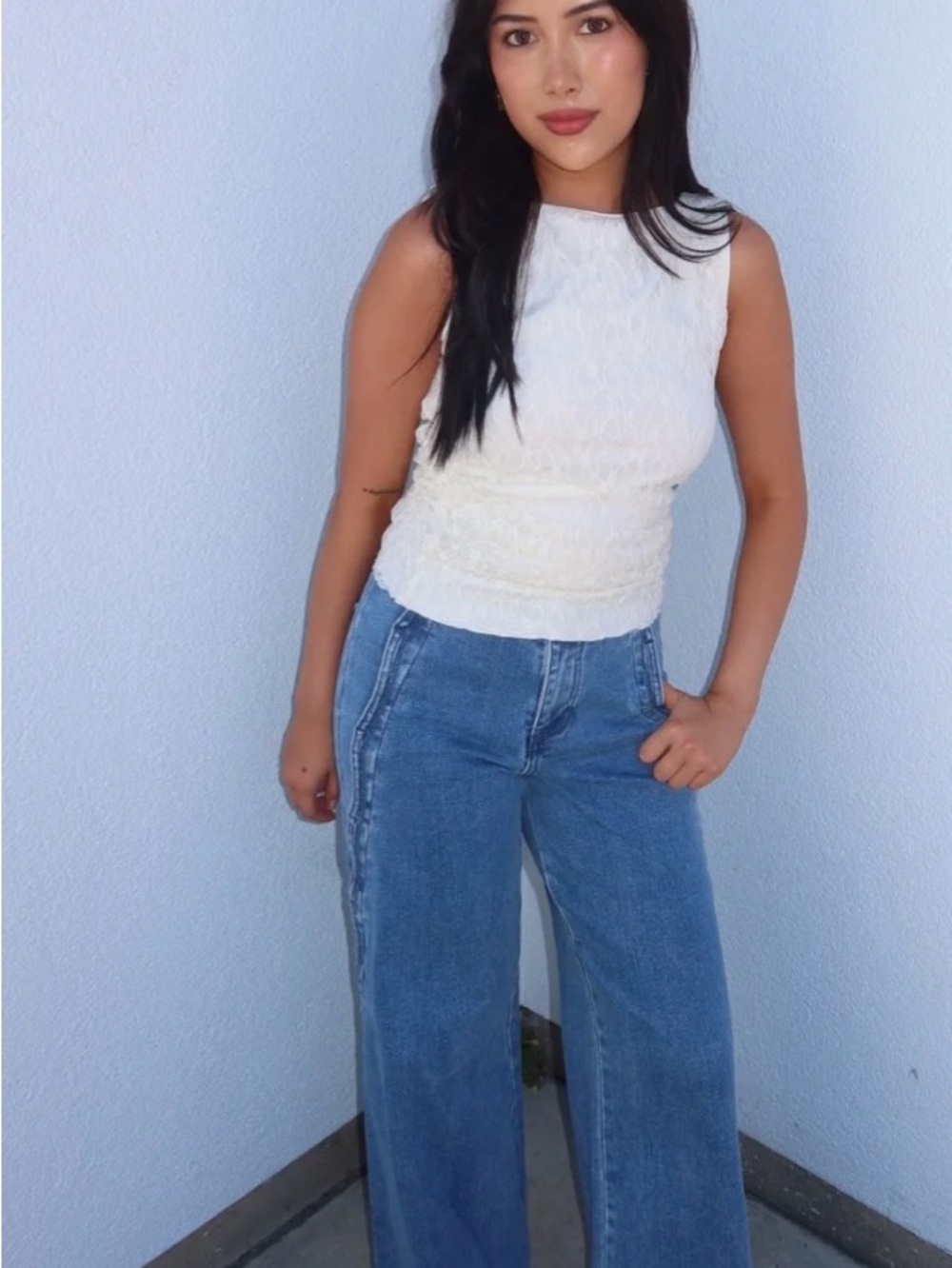 67. RISEN SCALLOPED HIGH RISE WIDE LEG JEAN — MEDIUM WASH